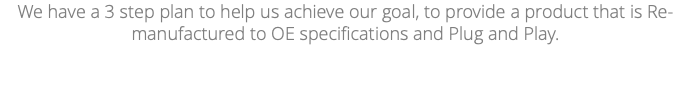 We have a 3 step plan to help us achieve our goal, to provide a product that is Re-manufactured to OE specifications and Plug and Play. 